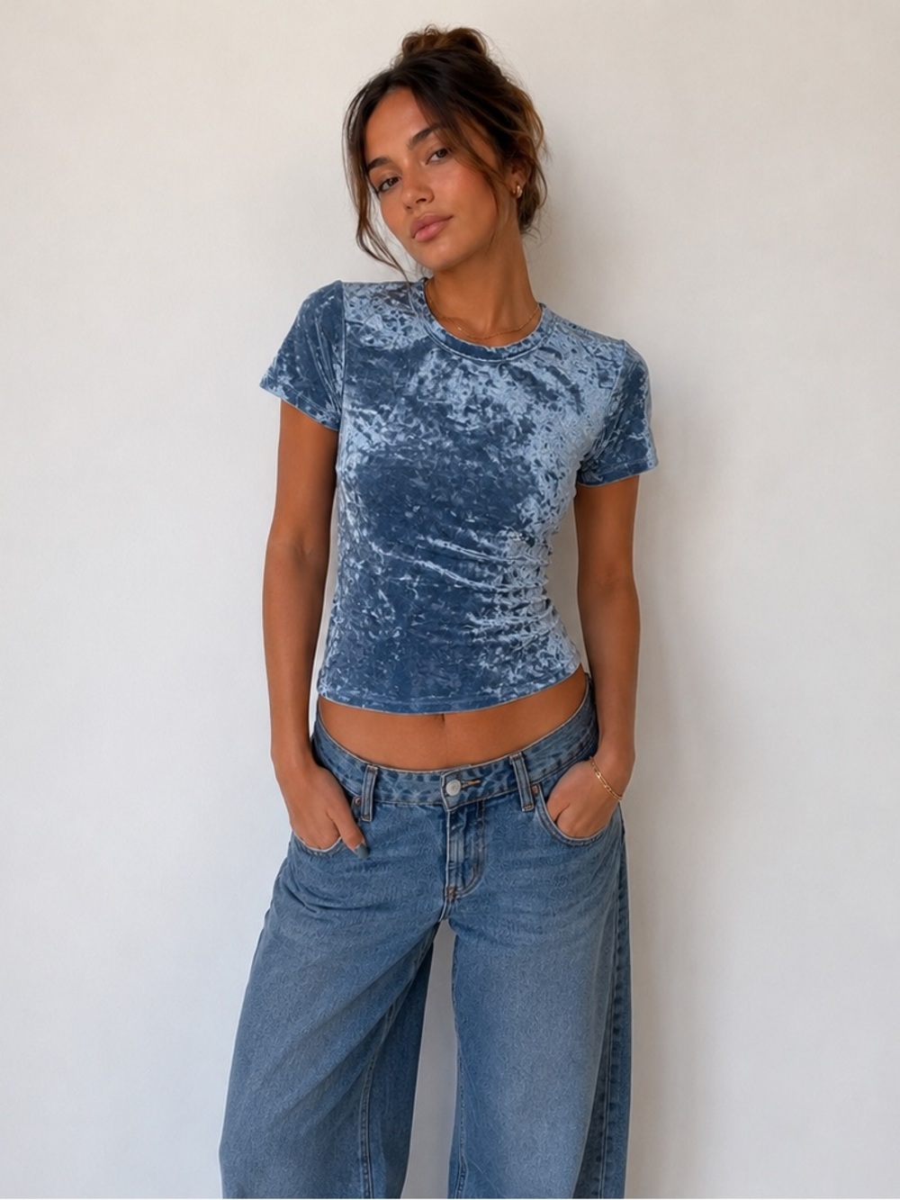 Free People Crushed Velvet Baby Tee in Medium Blue